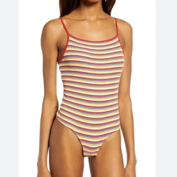 Madewell Ribbed Spaghetti Strap Snap Thong Tank Bodysuit Rainbow Stripe Medium - Picture 2 of 10